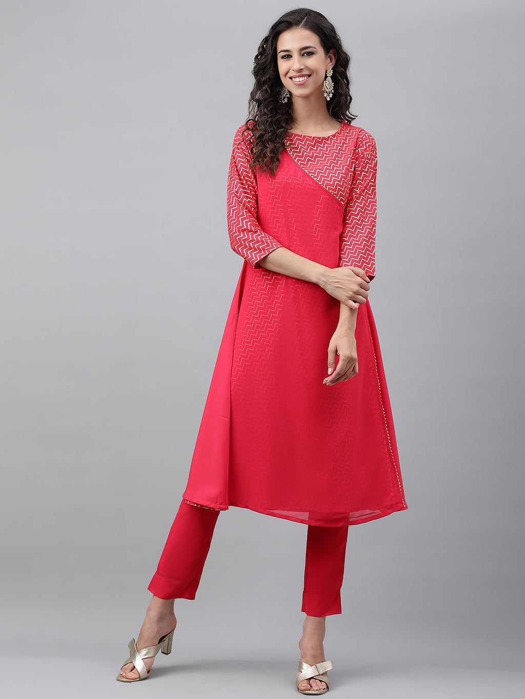 Janasya Women's Pink Crepe Foil Printed Festive Angrakha Kurta | Grocsy