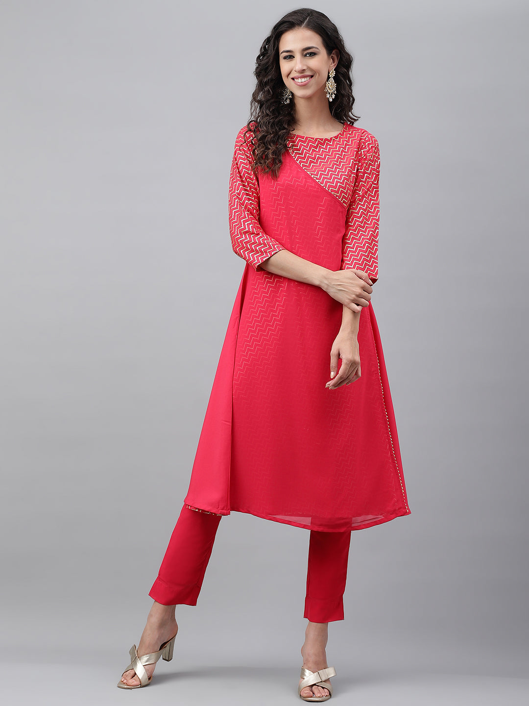 Janasya Women's Pink Crepe Foil Printed Festive Angrakha Kurta | Grocsy