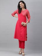 Janasya Women's Pink Crepe Foil Printed Festive Angrakha Kurta | Grocsy