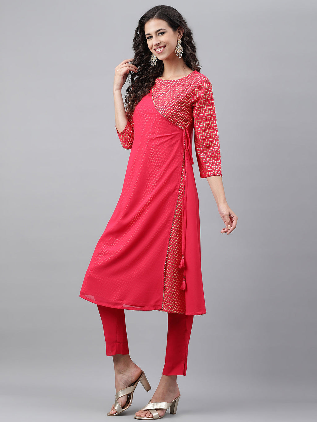 Janasya Women's Pink Crepe Foil Printed Festive Angrakha Kurta | Grocsy