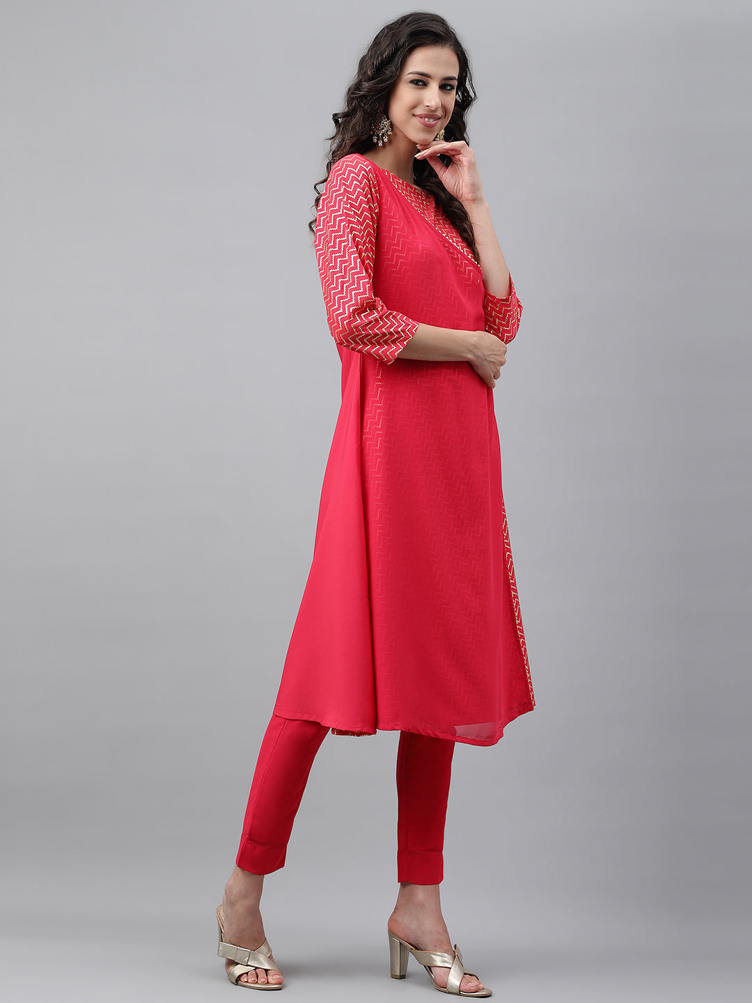 Janasya Women's Pink Crepe Foil Printed Festive Angrakha Kurta | Grocsy