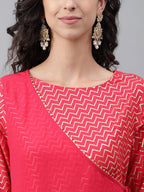 Janasya Women's Pink Crepe Foil Printed Festive Angrakha Kurta | Grocsy