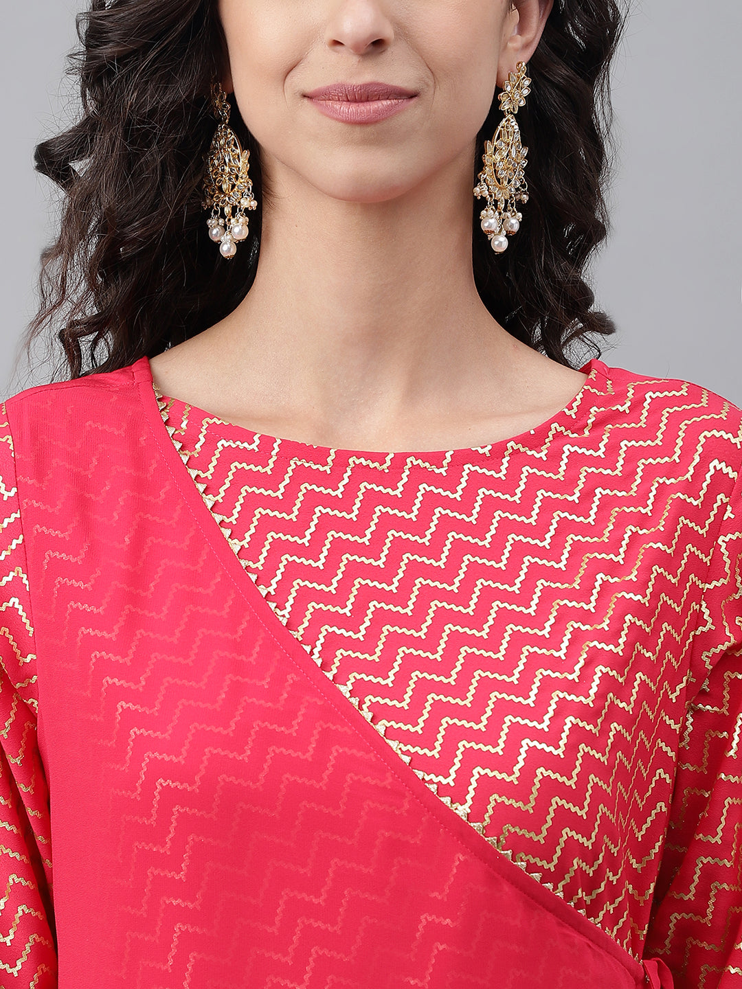 Janasya Women's Pink Crepe Foil Printed Festive Angrakha Kurta | Grocsy