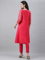 Janasya Women's Pink Crepe Foil Printed Festive Angrakha Kurta | Grocsy