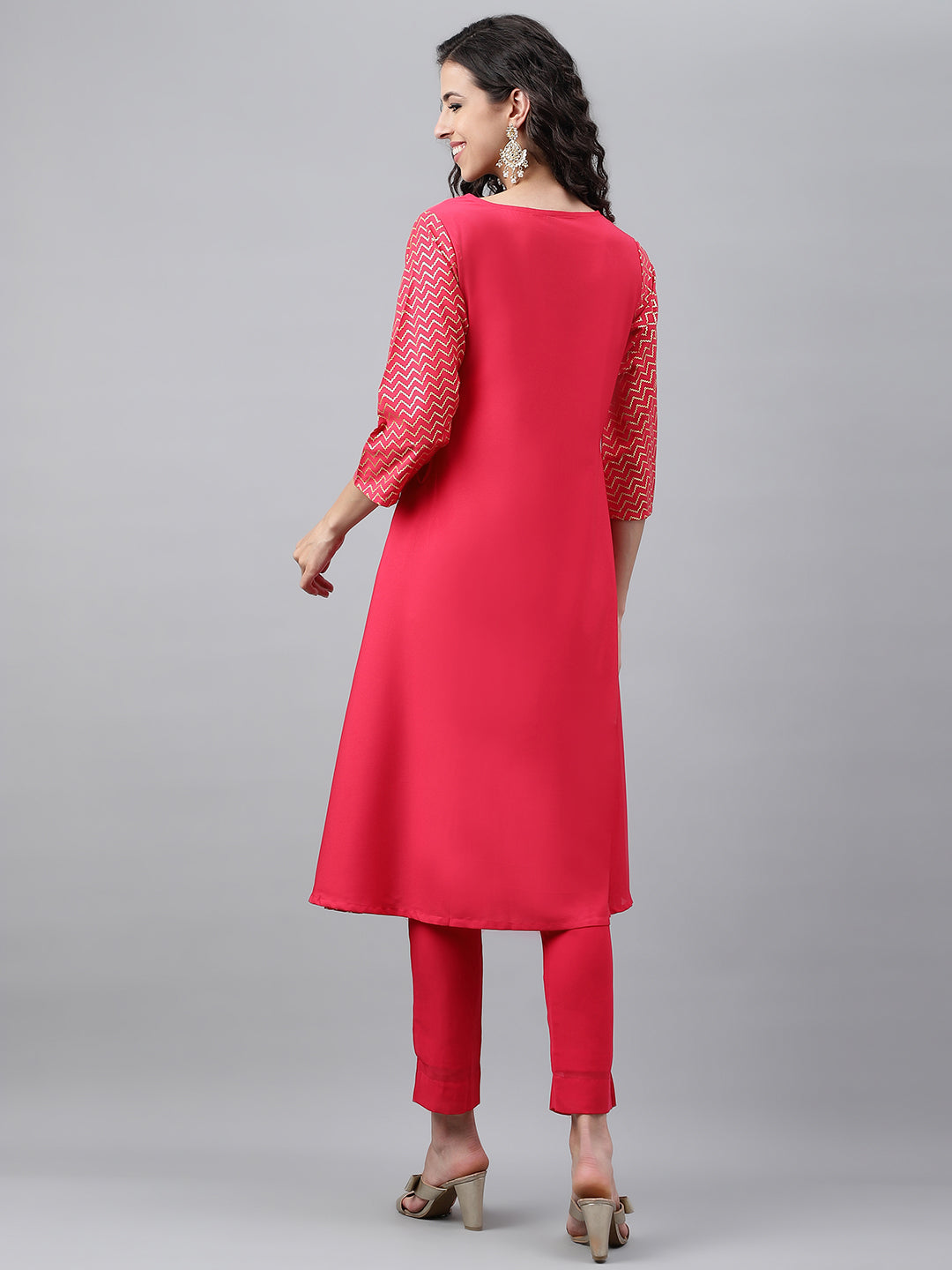 Janasya Women's Pink Crepe Foil Printed Festive Angrakha Kurta | Grocsy