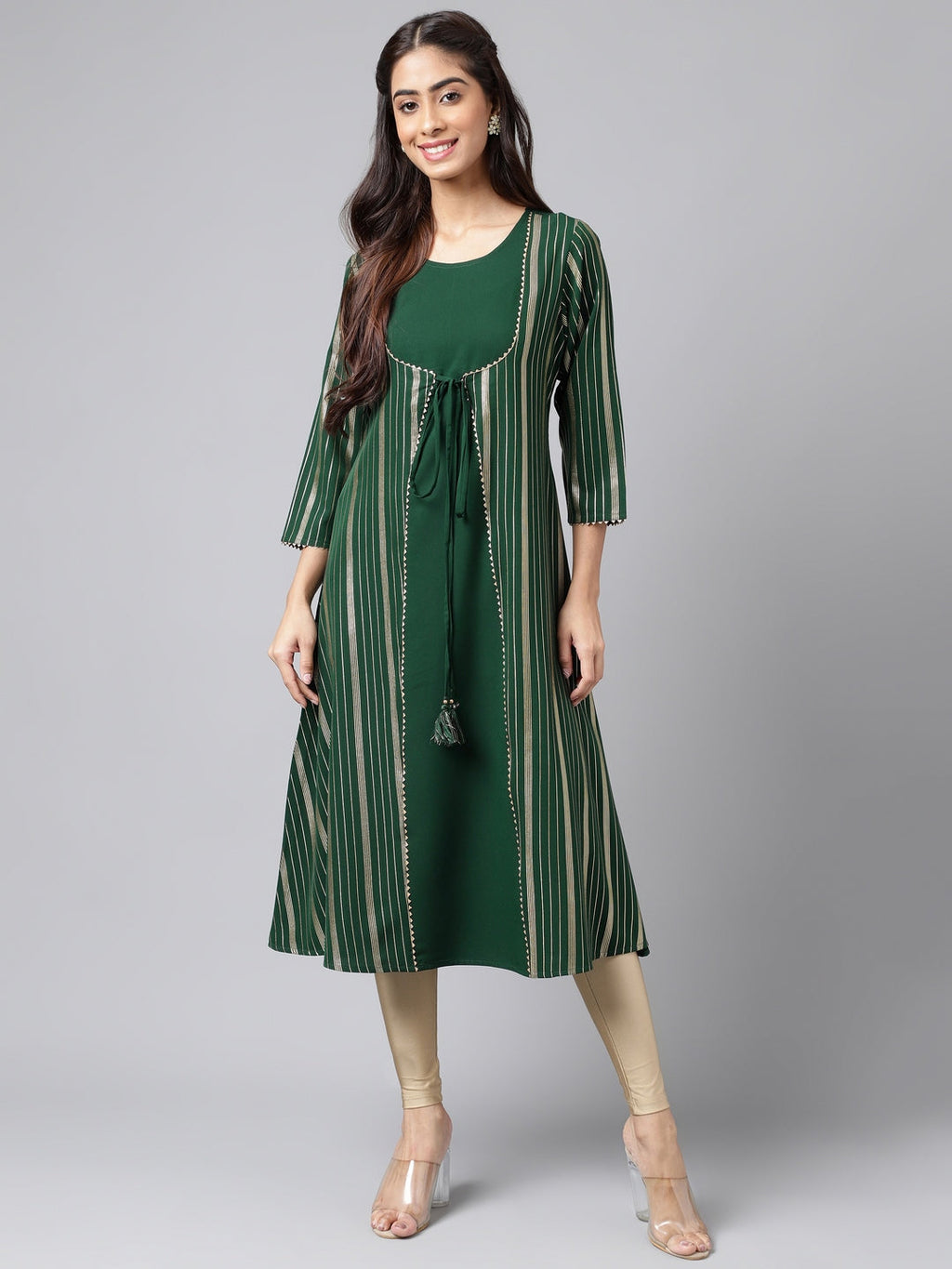 Janasya Women's Green Crepe Foil Printed Casual A-Line Kurta | Grocsy
