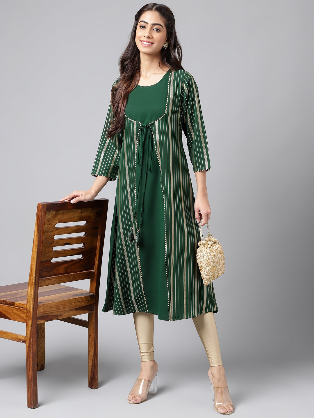 Janasya Women's Green Crepe Foil Printed Casual A-Line Kurta | Grocsy