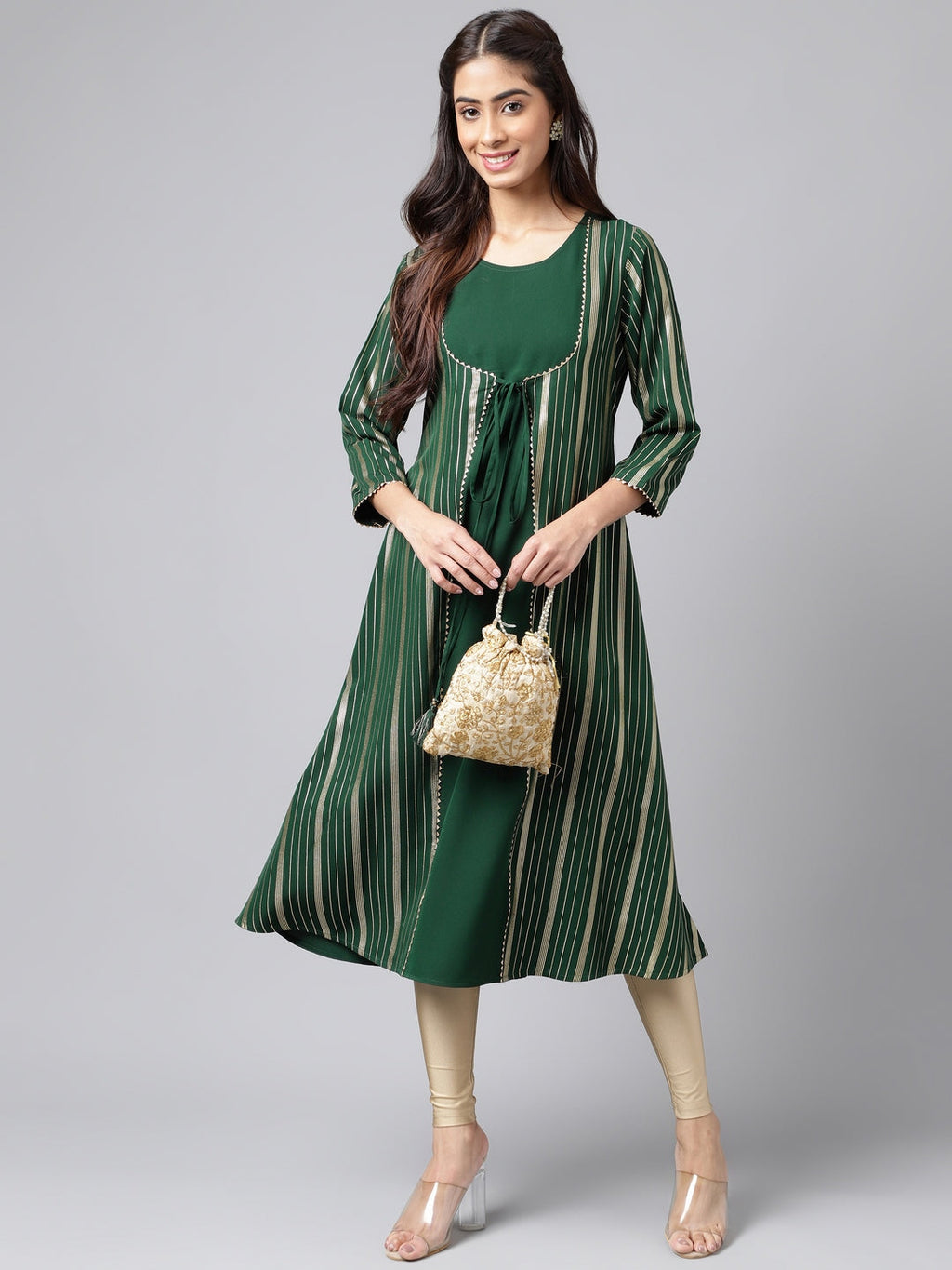 Janasya Women's Green Crepe Foil Printed Casual A-Line Kurta | Grocsy