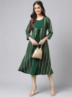 Janasya Women's Green Crepe Foil Printed Casual A-Line Kurta | Grocsy