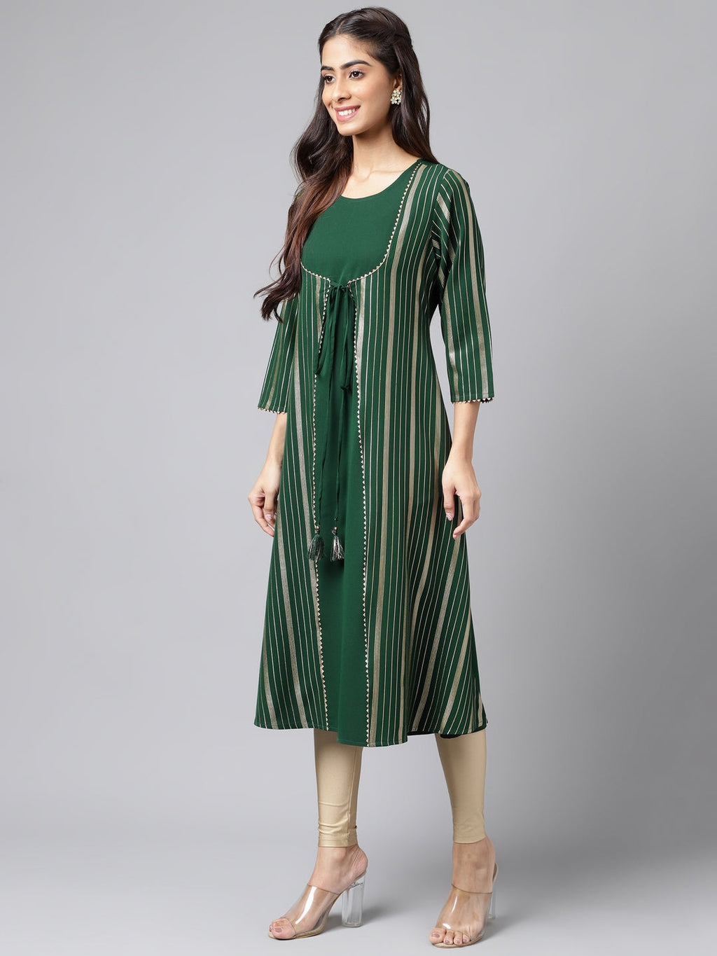 Janasya Women's Green Crepe Foil Printed Casual A-Line Kurta | Grocsy