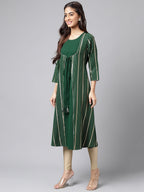 Janasya Women's Green Crepe Foil Printed Casual A-Line Kurta | Grocsy