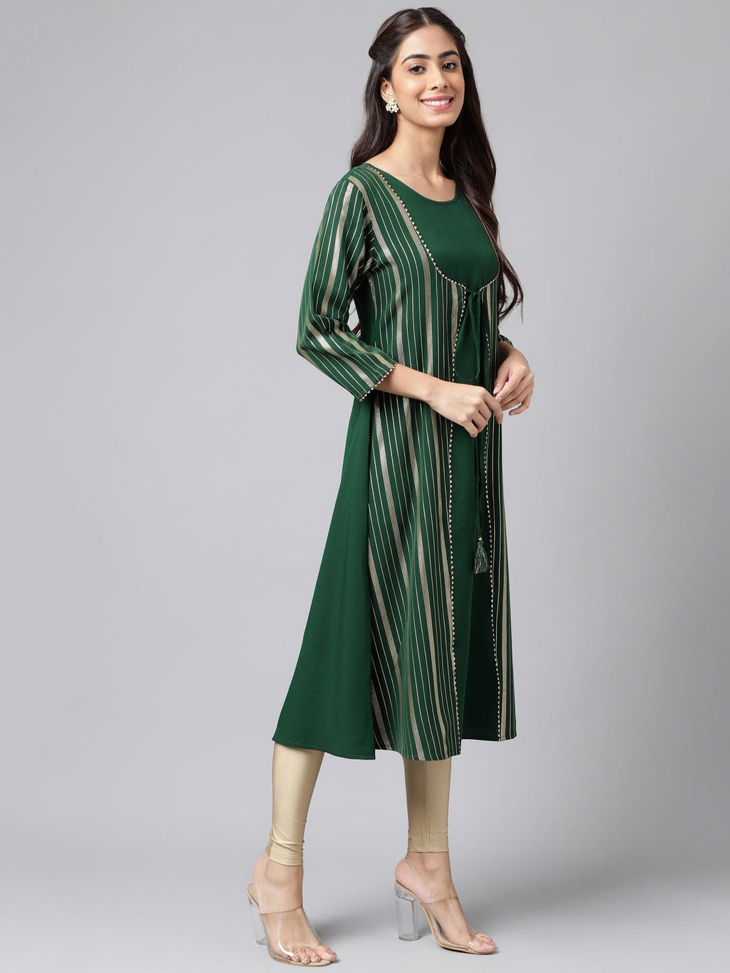 Janasya Women's Green Crepe Foil Printed Casual A-Line Kurta | Grocsy