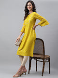 Janasya Women's Yellow Crepe Foil Printed Festive Straight Kurta | Grocsy