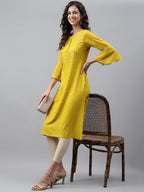 Janasya Women's Yellow Crepe Foil Printed Festive Straight Kurta | Grocsy