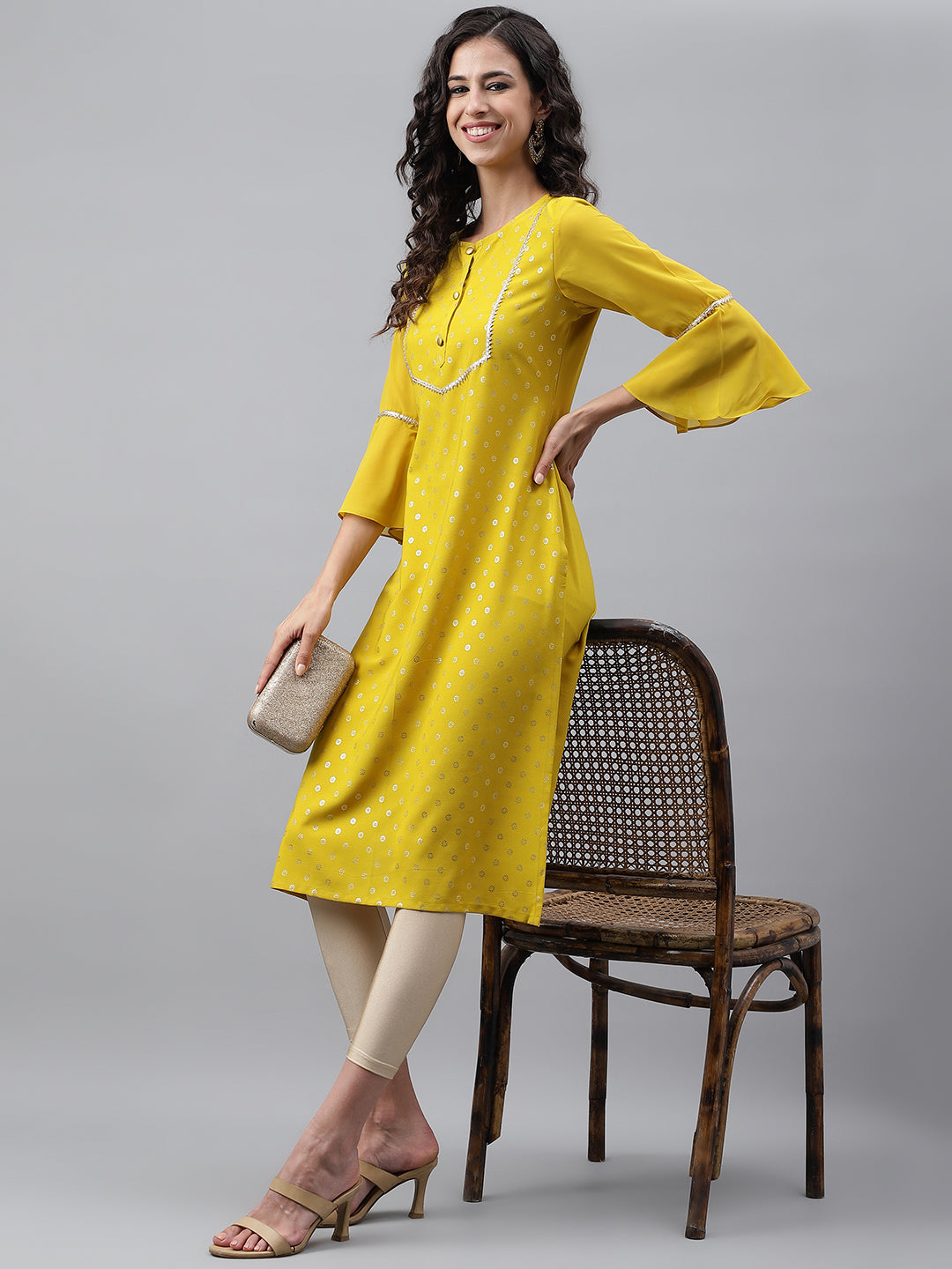 Janasya Women's Yellow Crepe Foil Printed Festive Straight Kurta | Grocsy