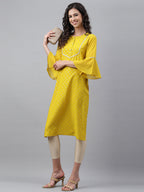 Janasya Women's Yellow Crepe Foil Printed Festive Straight Kurta | Grocsy