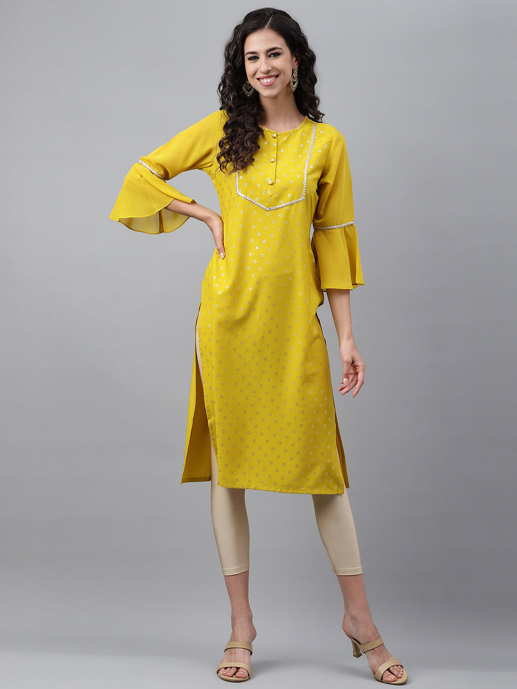 Janasya Women's Yellow Crepe Foil Printed Festive Straight Kurta | Grocsy