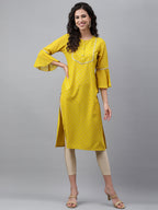 Janasya Women's Yellow Crepe Foil Printed Festive Straight Kurta | Grocsy