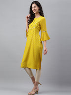 Janasya Women's Yellow Crepe Foil Printed Festive Straight Kurta | Grocsy