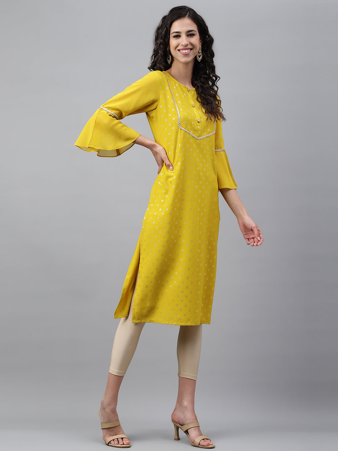 Janasya Women's Yellow Crepe Foil Printed Festive Straight Kurta | Grocsy