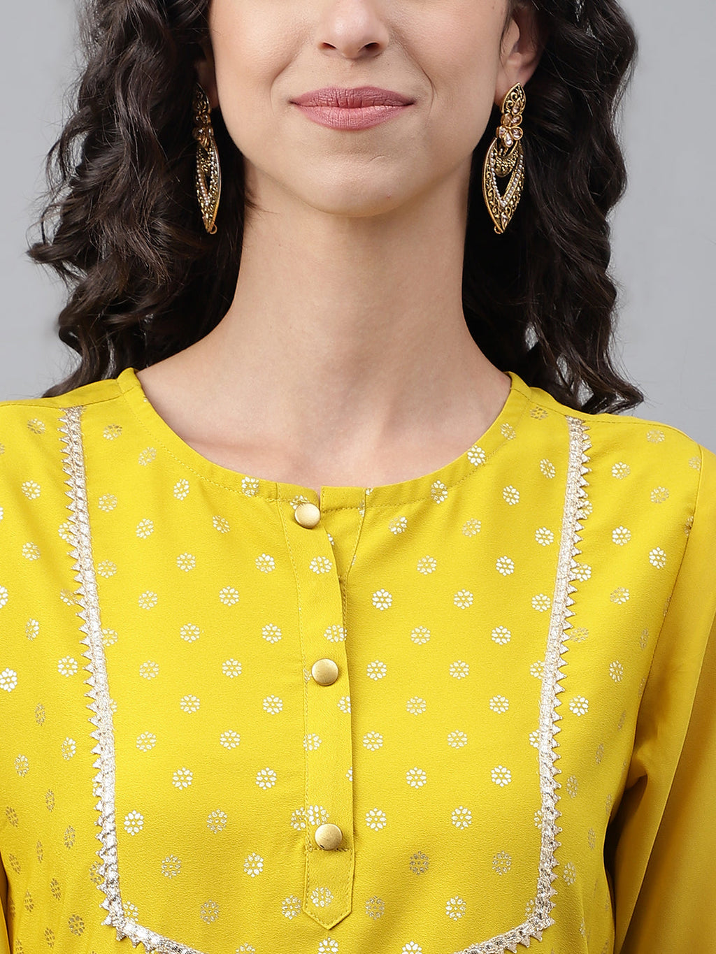 Janasya Women's Yellow Crepe Foil Printed Festive Straight Kurta | Grocsy