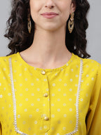 Janasya Women's Yellow Crepe Foil Printed Festive Straight Kurta | Grocsy