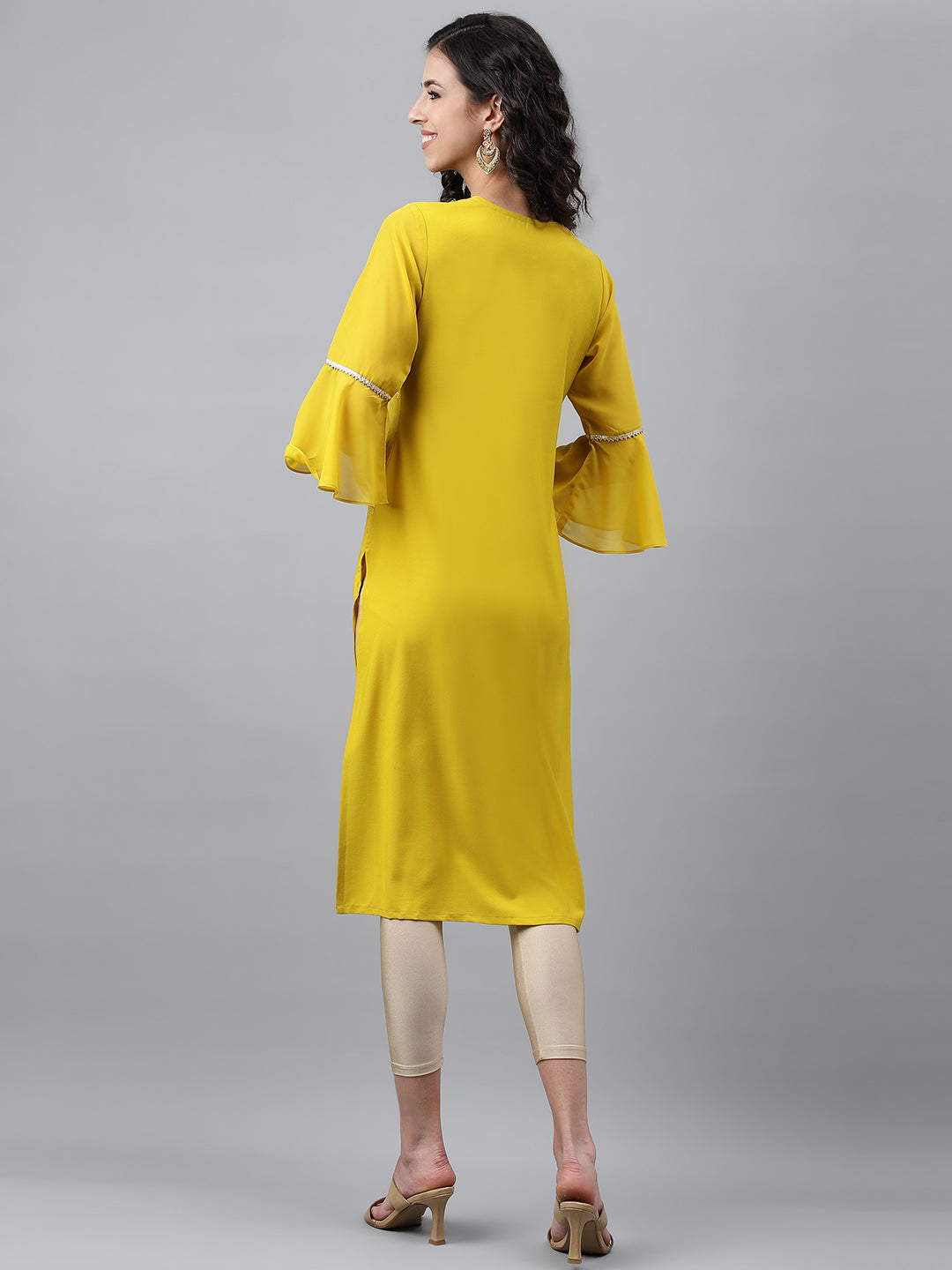 Janasya Women's Yellow Crepe Foil Printed Festive Straight Kurta | Grocsy