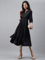 Janasya Women's Black Crepe Foil Printed Festive Anarkali Kurta | Grocsy