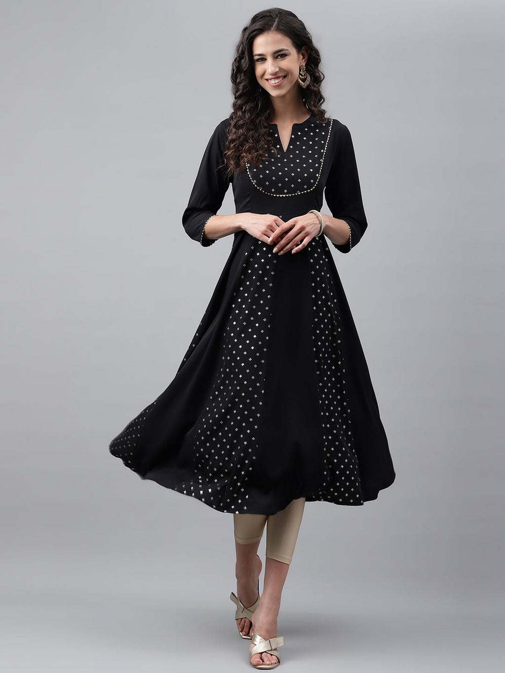 Janasya Women's Black Crepe Foil Printed Festive Anarkali Kurta | Grocsy