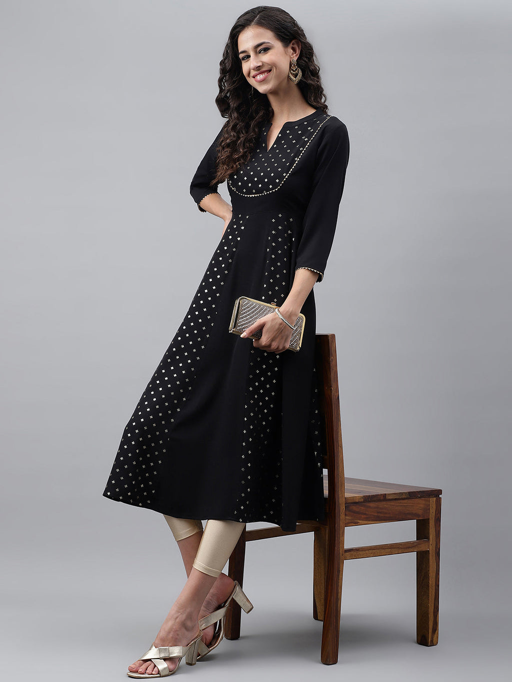 Janasya Women's Black Crepe Foil Printed Festive Anarkali Kurta | Grocsy