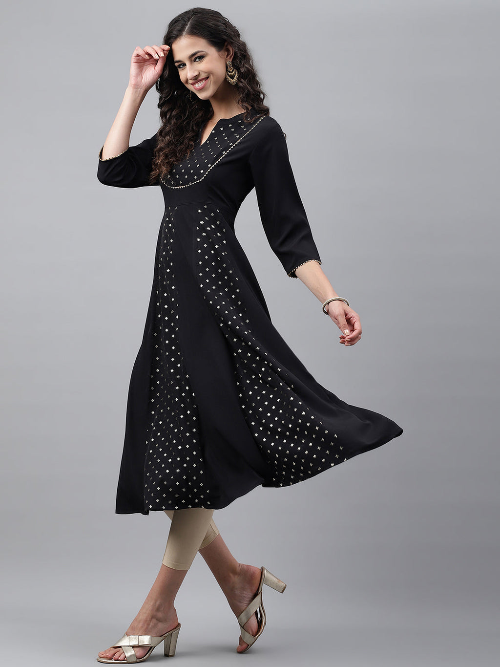 Janasya Women's Black Crepe Foil Printed Festive Anarkali Kurta | Grocsy