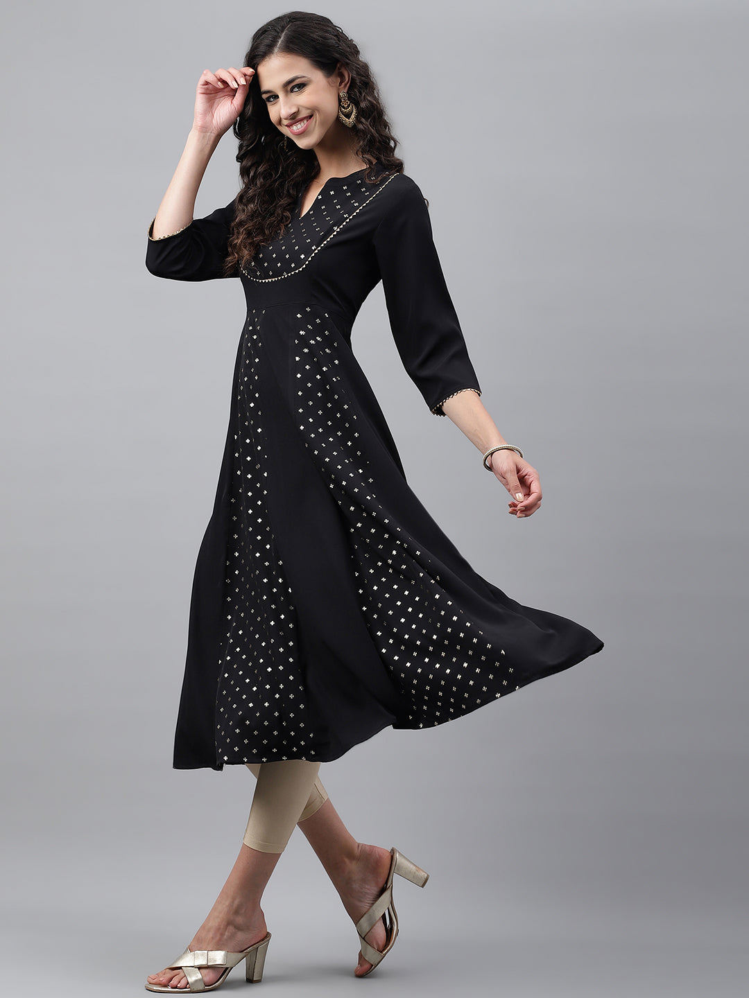 Janasya Women's Black Crepe Foil Printed Festive Anarkali Kurta | Grocsy