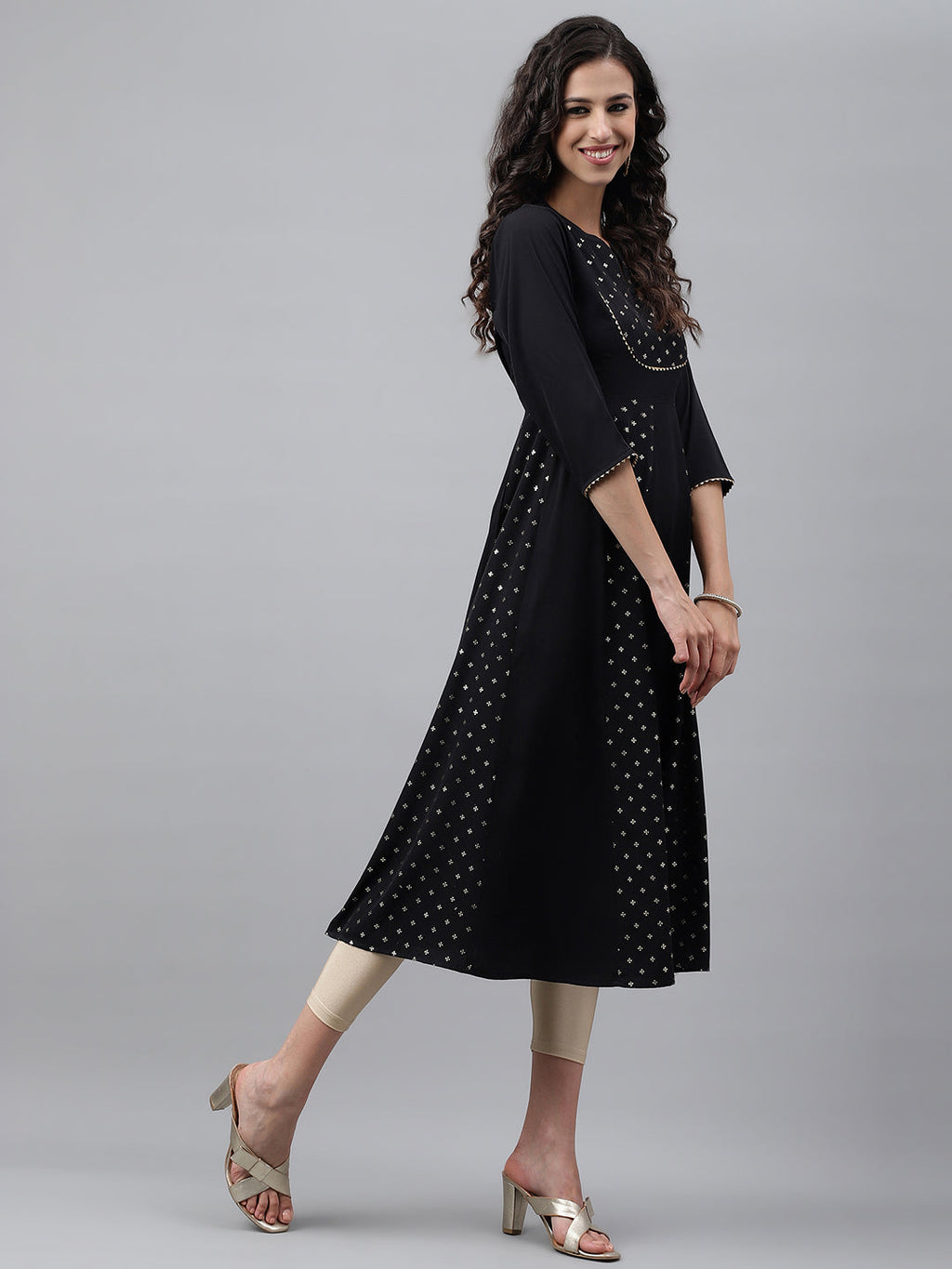 Janasya Women's Black Crepe Foil Printed Festive Anarkali Kurta | Grocsy