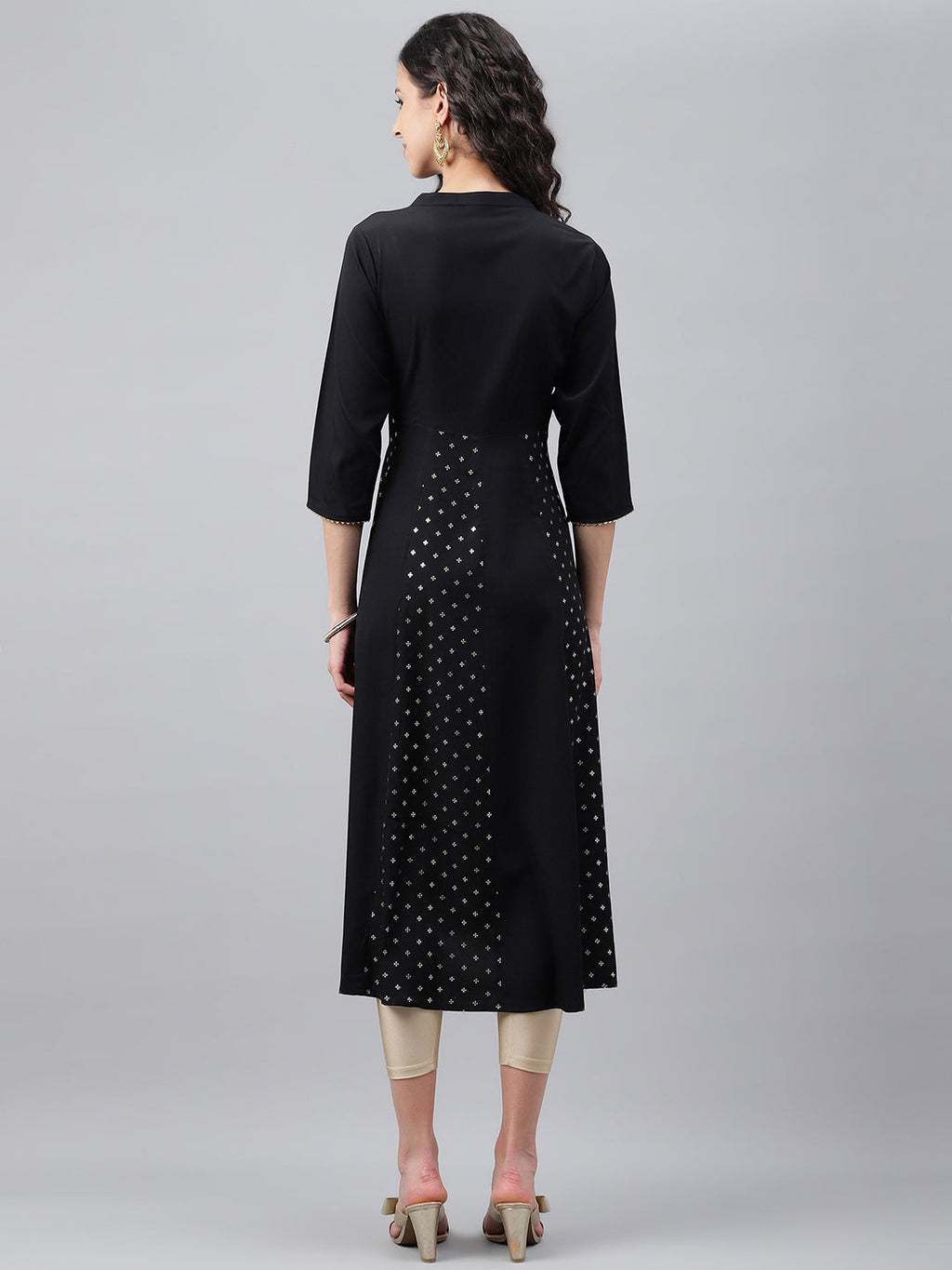 Janasya Women's Black Crepe Foil Printed Festive Anarkali Kurta | Grocsy