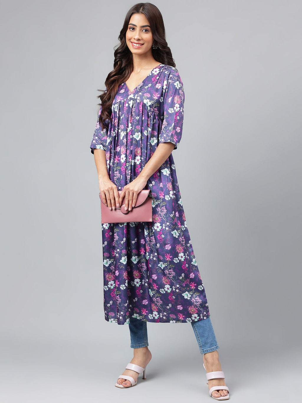 Janasya Women's Navy Blue Satin Digital Floral Printed Casual Gathered Kurta | Grocsy