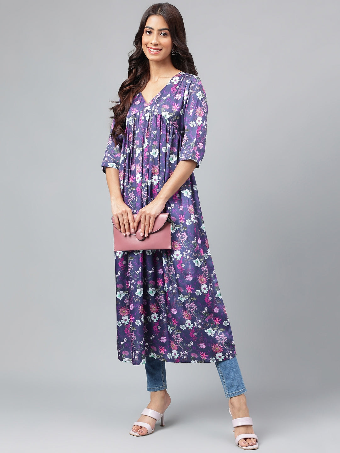 Janasya Women's Navy Blue Satin Digital Floral Printed Casual Gathered Kurta | Grocsy
