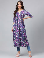 Janasya Women's Navy Blue Satin Digital Floral Printed Casual Gathered Kurta | Grocsy