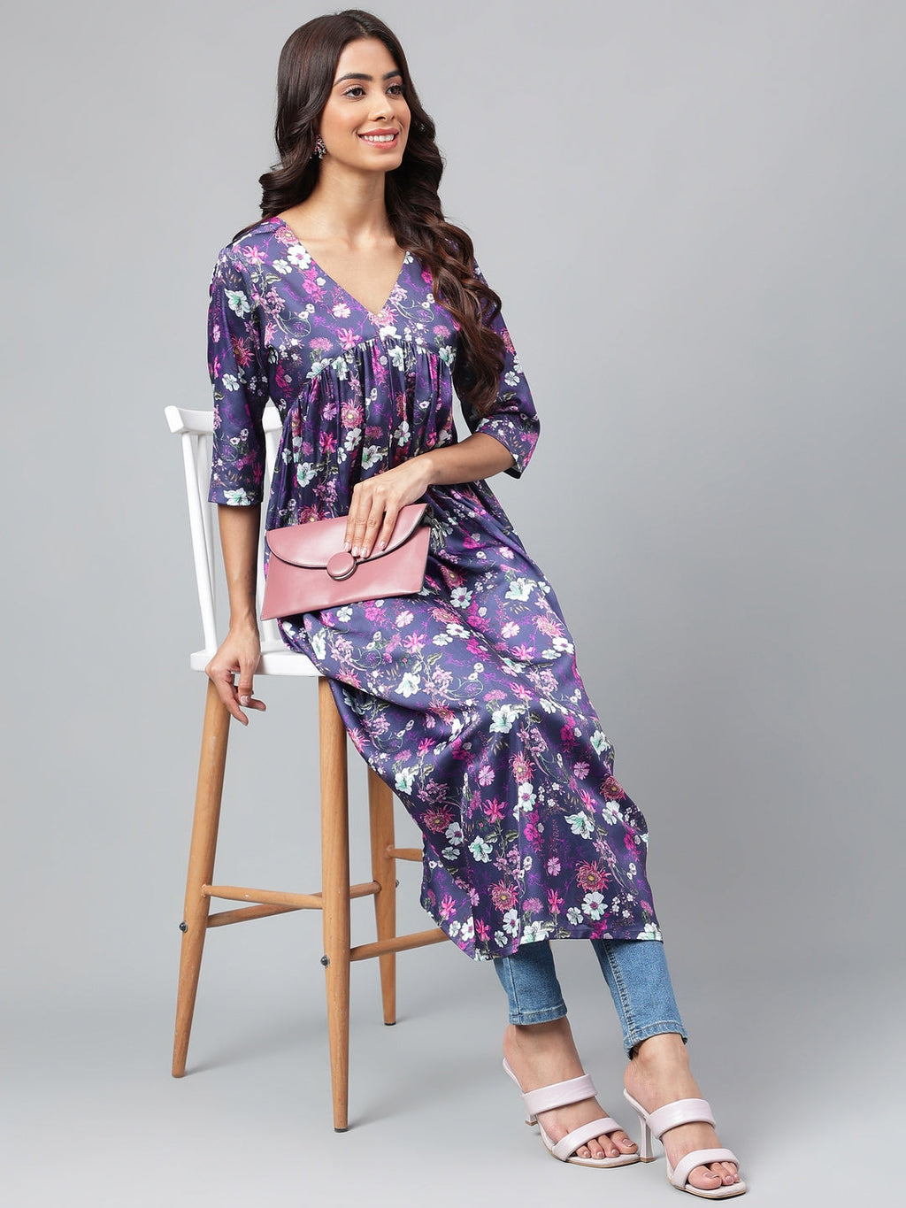 Janasya Women's Navy Blue Satin Digital Floral Printed Casual Gathered Kurta | Grocsy