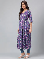 Janasya Women's Navy Blue Satin Digital Floral Printed Casual Gathered Kurta | Grocsy