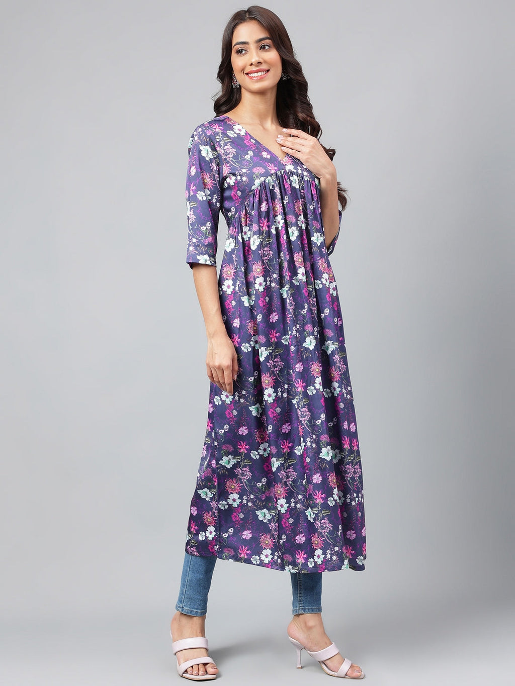 Janasya Women's Navy Blue Satin Digital Floral Printed Casual Gathered Kurta | Grocsy
