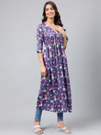 Janasya Women's Navy Blue Satin Digital Floral Printed Casual Gathered Kurta | Grocsy