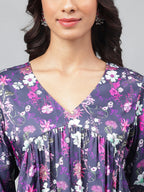 Janasya Women's Navy Blue Satin Digital Floral Printed Casual Gathered Kurta | Grocsy
