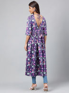 Janasya Women's Navy Blue Satin Digital Floral Printed Casual Gathered Kurta | Grocsy
