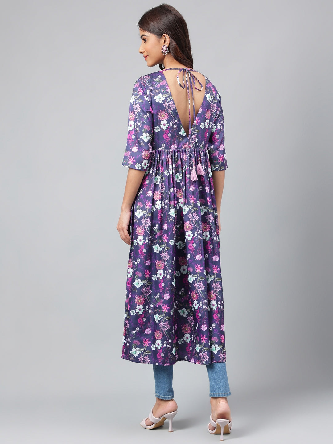 Janasya Women's Navy Blue Satin Digital Floral Printed Casual Gathered Kurta | Grocsy
