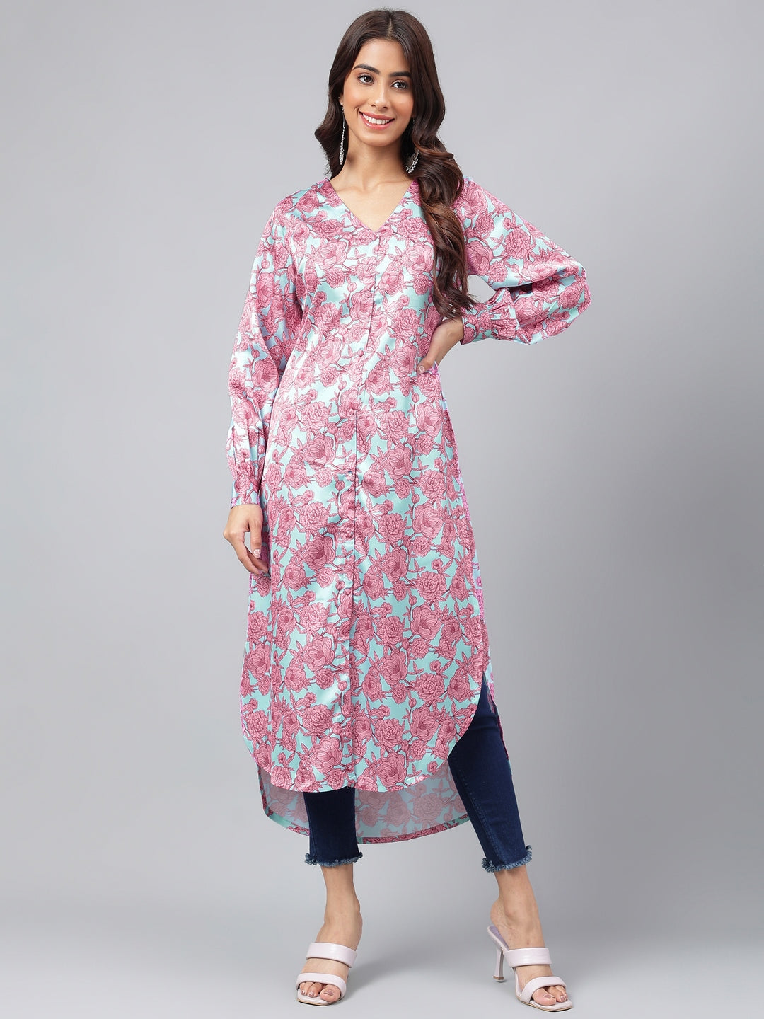 Janasya Women's Sea Green Satin Digital Floral Printed Casual Gathered Kurta | Grocsy
