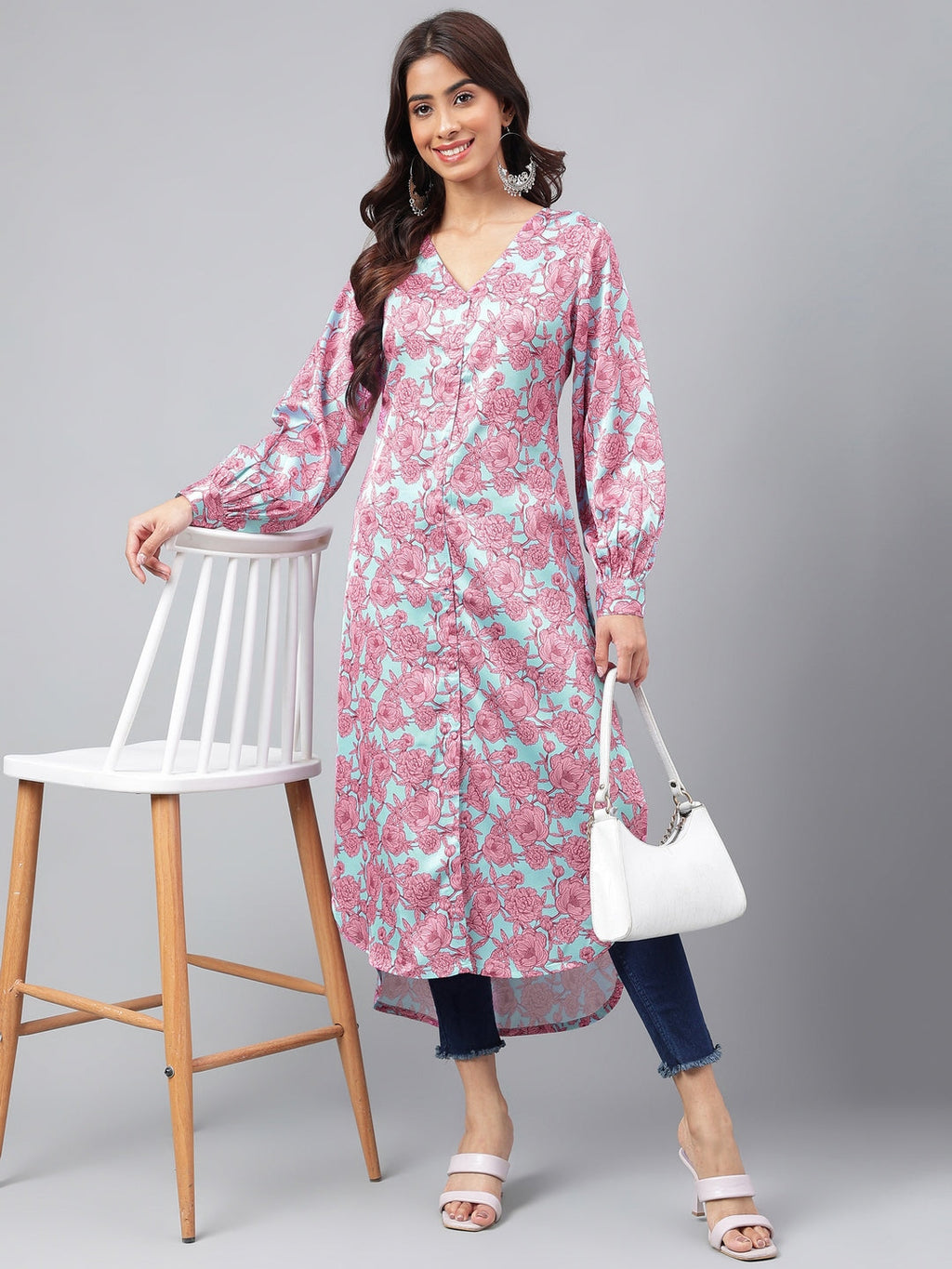 Janasya Women's Sea Green Satin Digital Floral Printed Casual Gathered Kurta | Grocsy