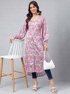 Janasya Women's Sea Green Satin Digital Floral Printed Casual Gathered Kurta | Grocsy