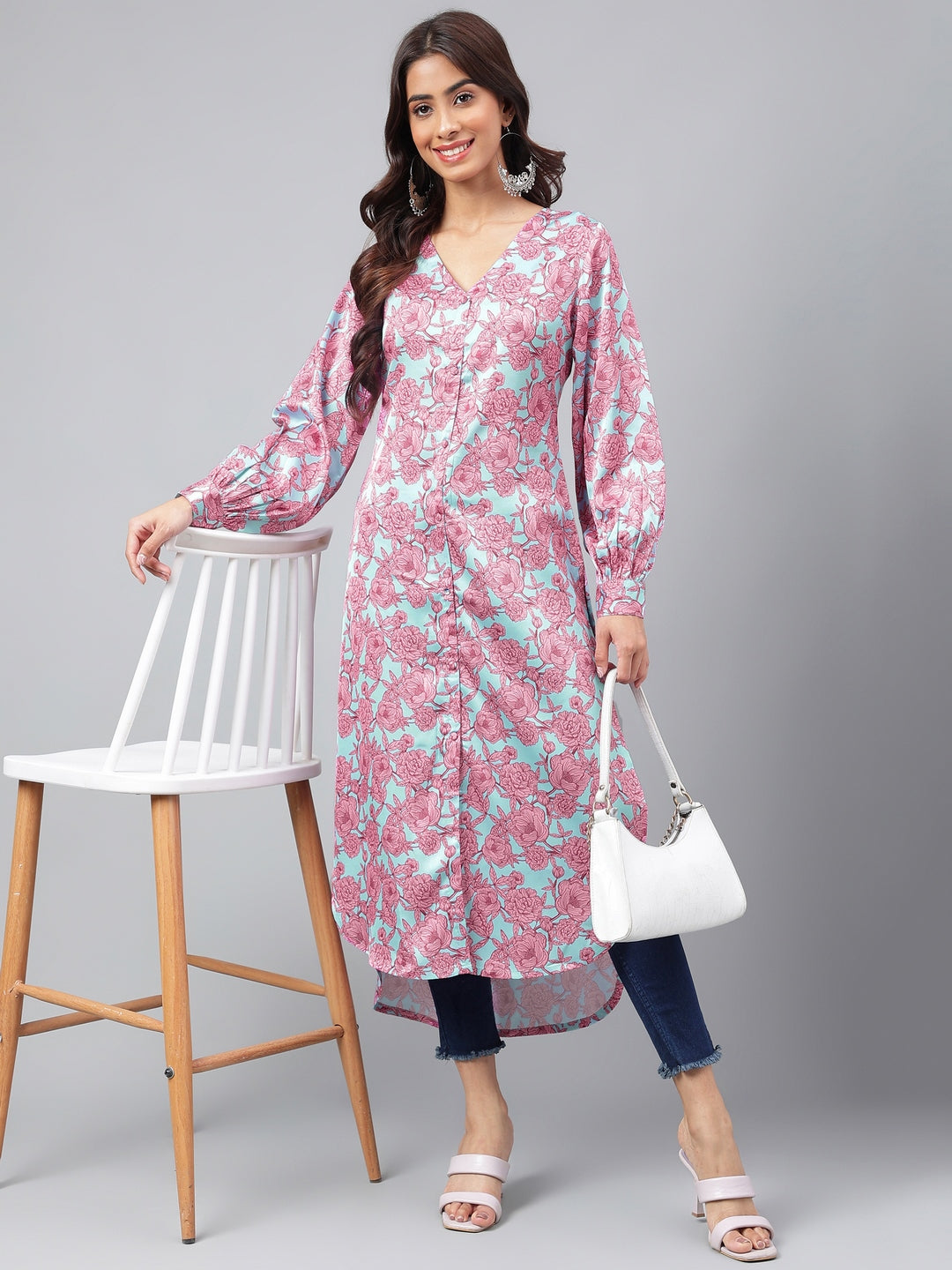 Janasya Women's Sea Green Satin Digital Floral Printed Casual Gathered Kurta | Grocsy
