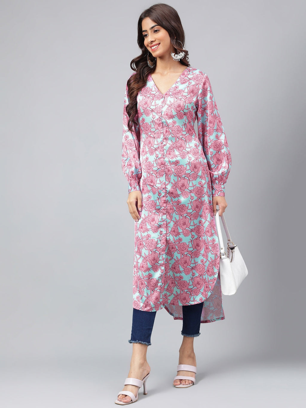Janasya Women's Sea Green Satin Digital Floral Printed Casual Gathered Kurta | Grocsy