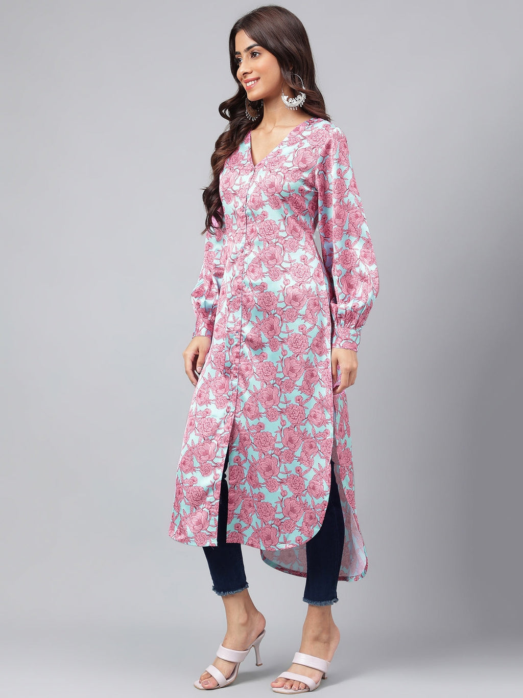 Janasya Women's Sea Green Satin Digital Floral Printed Casual Gathered Kurta | Grocsy